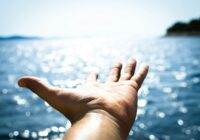 person hand reaching body of water